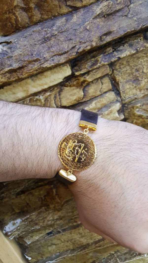 دستبند سفارشی سکه قدیمی نقره آبکاری طلا چرم اصل